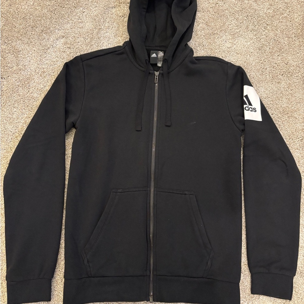 Adidas Full Zip Jacket Mens S Black Drawstrings w/ Pockets